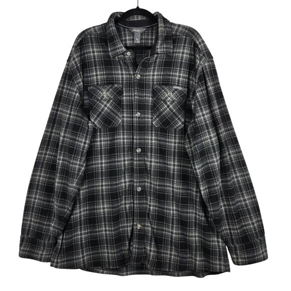 Eddie Bauer Fleece Shirt Jacket Men’s TXL Tall Gray Black Plaid Button Front - Picture 1 of 12